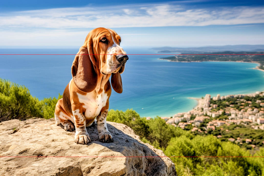 Basset Hound on top of high rock overlooking the blue waters on the coast of Corsica, France